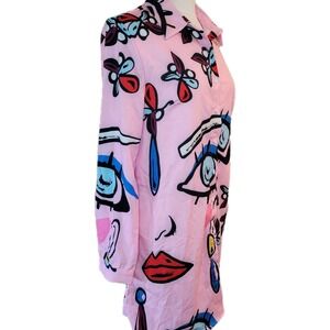 Art To Wear Shirt Dress Womens Size L Pink Eyes Lips Party Beachy Button Up